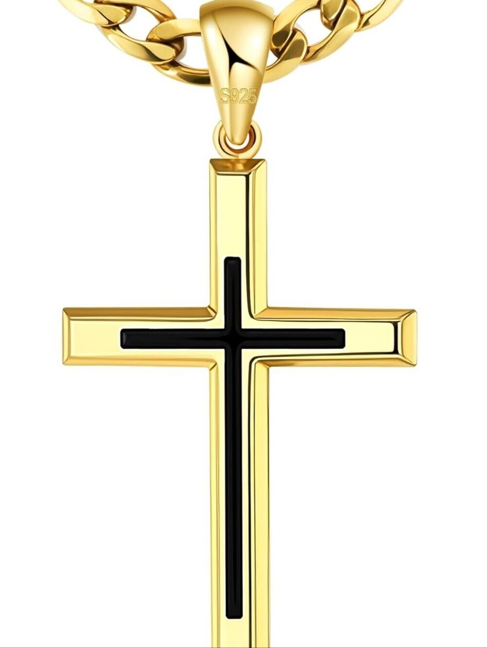S925 YELLOW GOLD OR STERLING SILVER Cross Pendant Necklace with Black Inset